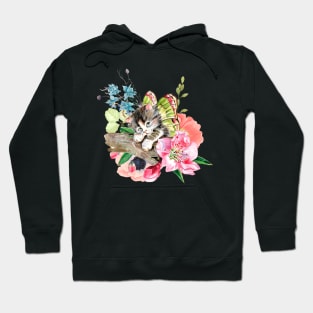 Cute Kitten on Watercolor Flowers Hoodie